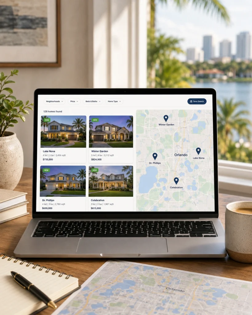 Laptop showing Orlando homes and a map for relocation planning